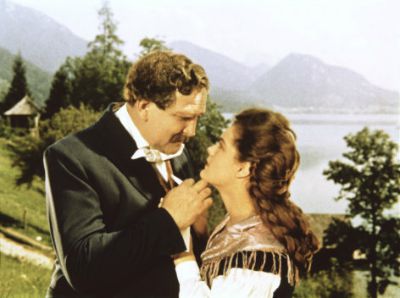 Gustav Knut and Romy Schneider as Sissi and her father in the film. On the background is lake Fuschl, acting as Lake Starnberg in Bavaria.