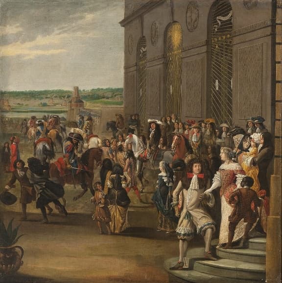 Louis XIV in the gardens of Versailles surrounded by members of the court.
