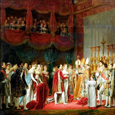 A historical painting capturing the wedding ceremony of Napoleon I and Archduchess Marie Louise of Austria within the transformed Salon Carré at the Louvre Palace on April 2nd, 1810.