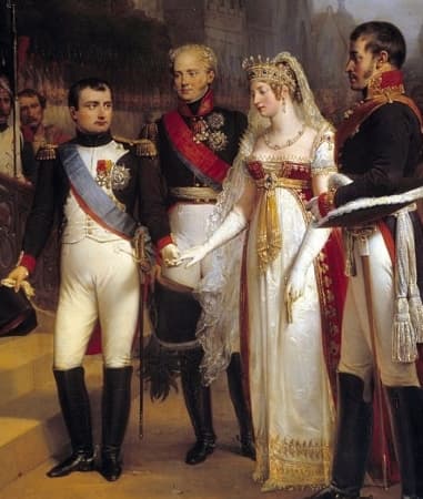 Napoleon (left) and Emperor Alexander I (the curly blonde next to him) meet the king and queen of Prussia for the signing of the peace treaty at Tilsit, 1807