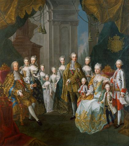 The imperial family in 1754, painted by Martin van Meytens. Francis and Maria Theresa with eleven children.