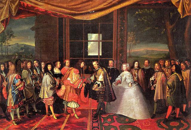 Meeting of Louis XIV and Phillip IV on the island of Fiasans in 1660 - painting by Jacques Laumosnier
