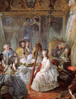 Marie Antoinette playing harp at one of her soirees at Versailles Palace.
