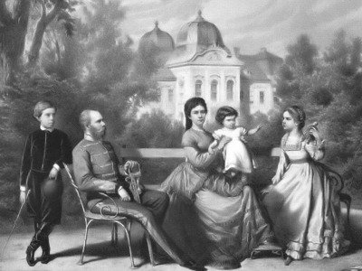 Franz-Joseph, Elisabeth and their children in the garden of the Royal Palace of Gödöllö