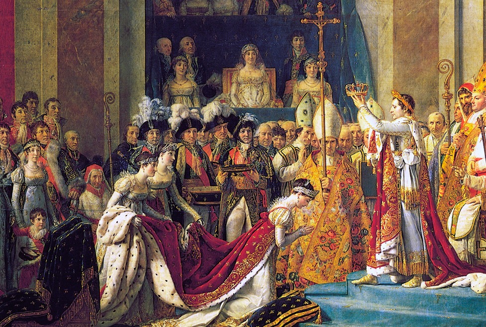 The Coronation of Napoleon, by Jacques-Louis David 1807. Letizia is painted on the balcony in the middle. In reality she did not attend the ceremony.